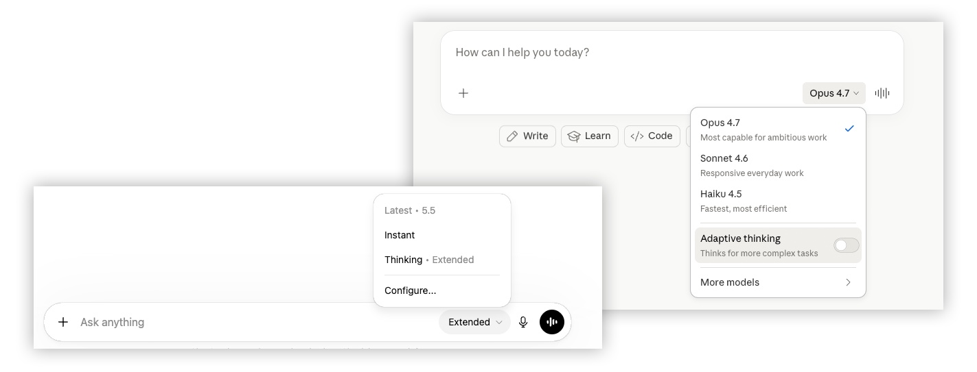 Two real-world examples of mode pickers — one chat tool's model selector showing Opus / Sonnet / Haiku tiers with an Adaptive thinking toggle, and another tool's input bar with Instant / Thinking · Extended options.