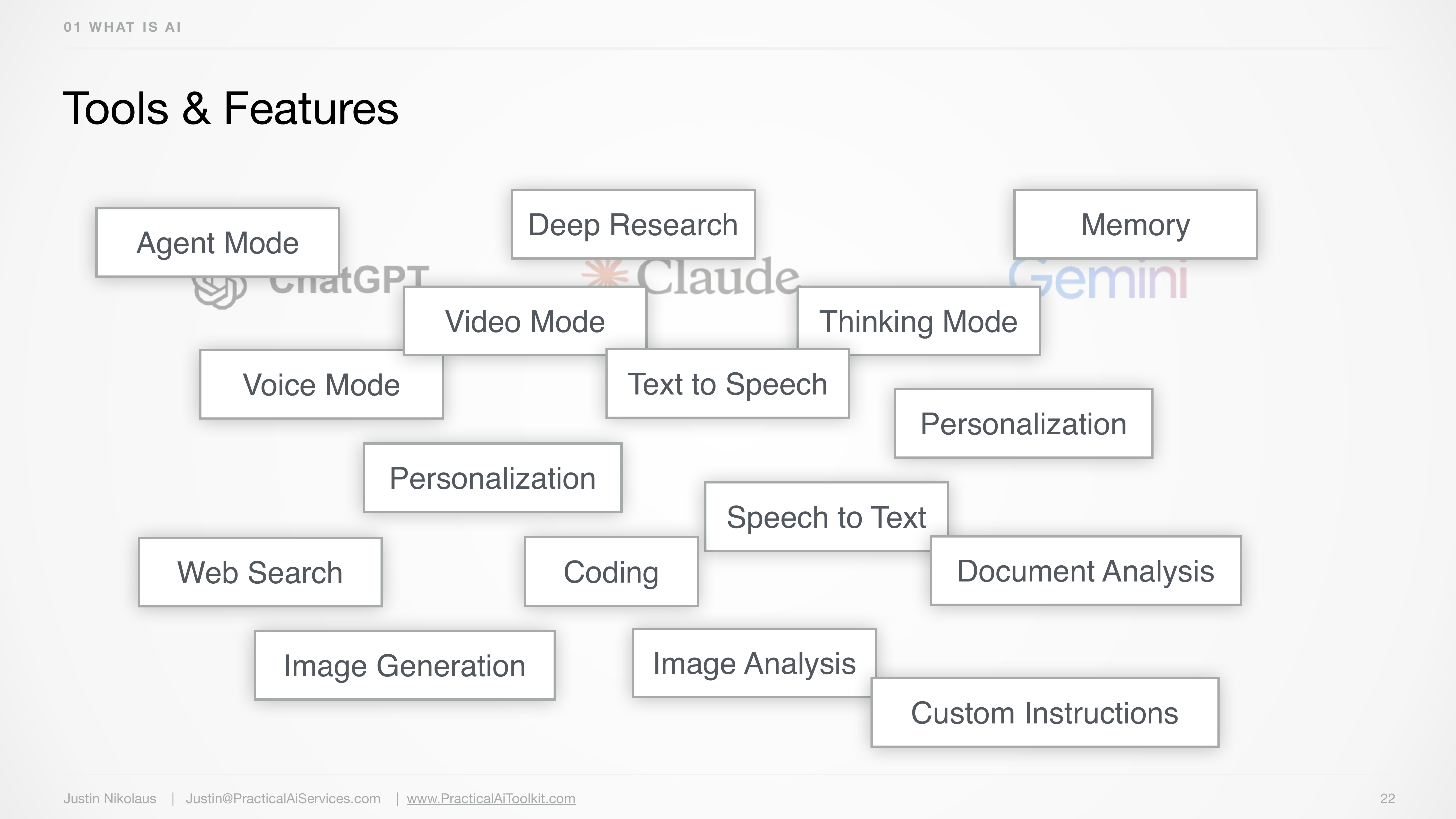Tools and Features overview slide from the Practical AI talk.